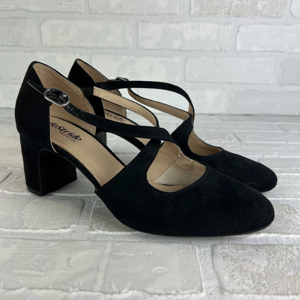LifeStride Heels Pumps Womens 8.5‎ Tracy Black Suede Strappy Block Heel Classy